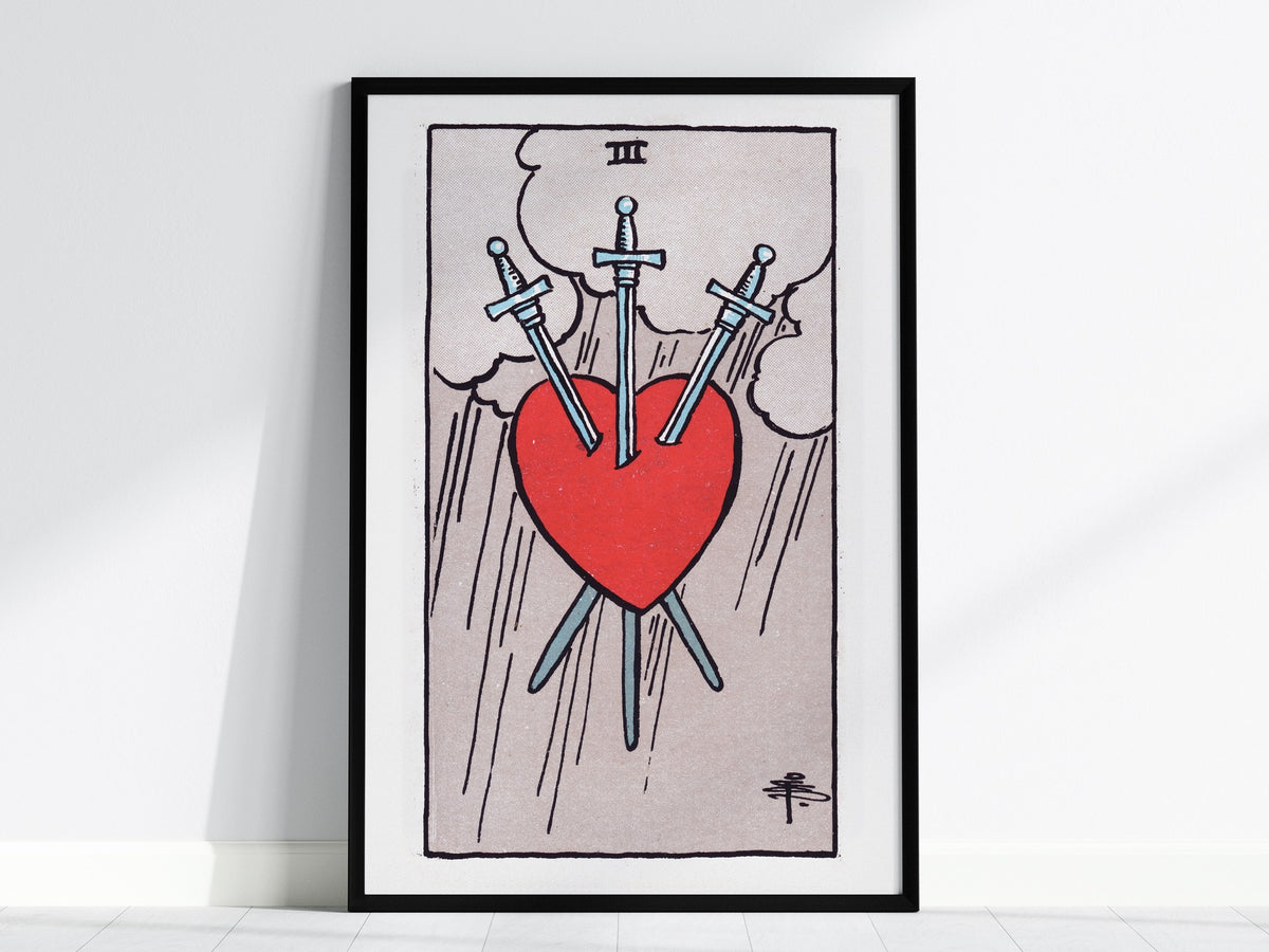 Three of Swords Poster | Tarot Art Print — framed print on the wall, 24x36 in