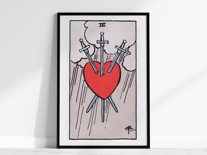 Three of Swords Poster | Tarot Art Print — framed print on the wall, 24x36 in