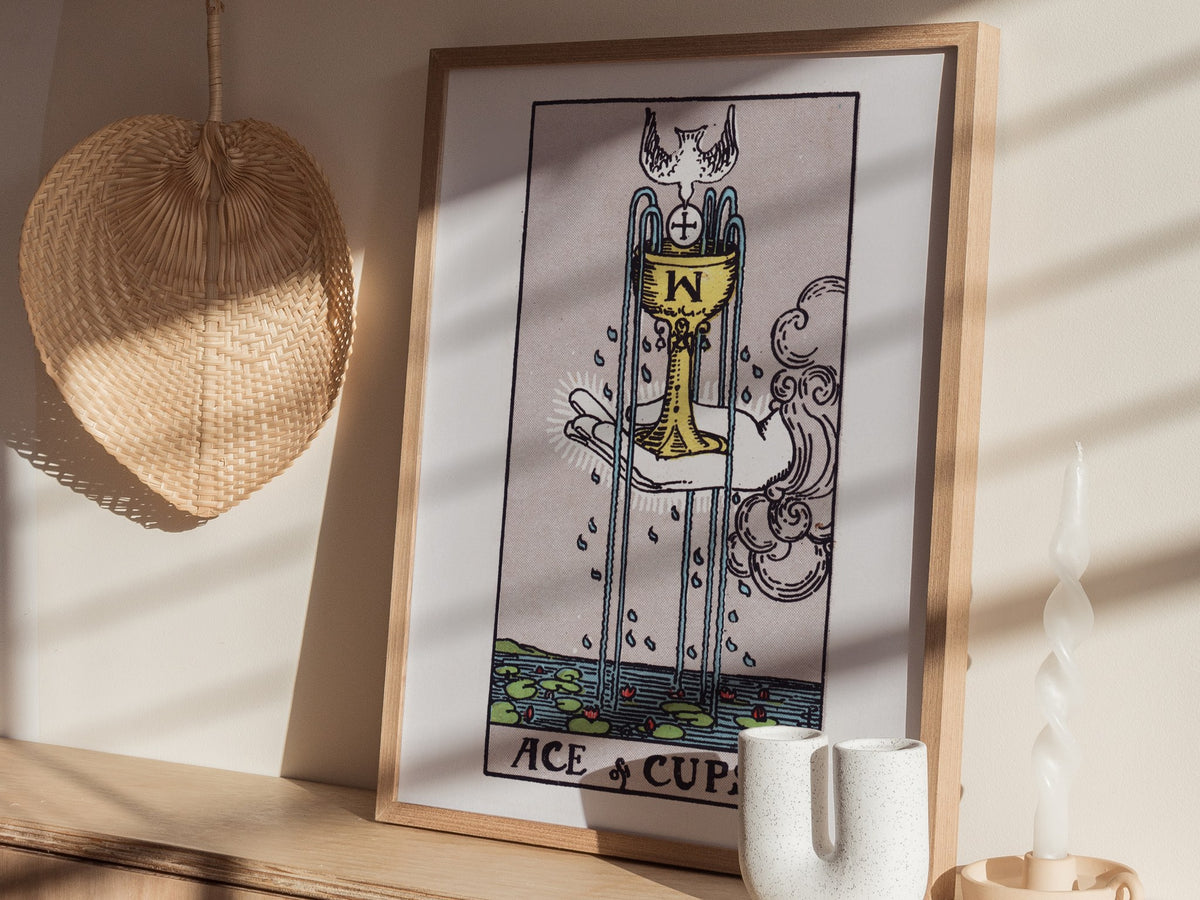 Ace of Cups Poster | Tarot Art Print — styled in an interior, 16x20 in