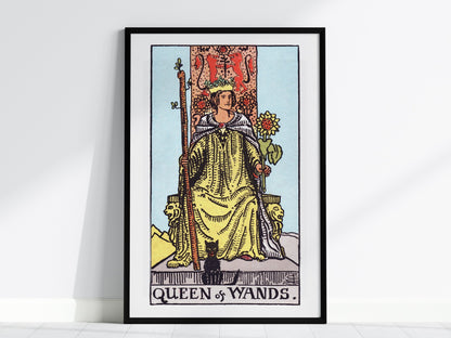 Queen of Wands Poster | Tarot Art Print — framed print on the wall, 24x36 in