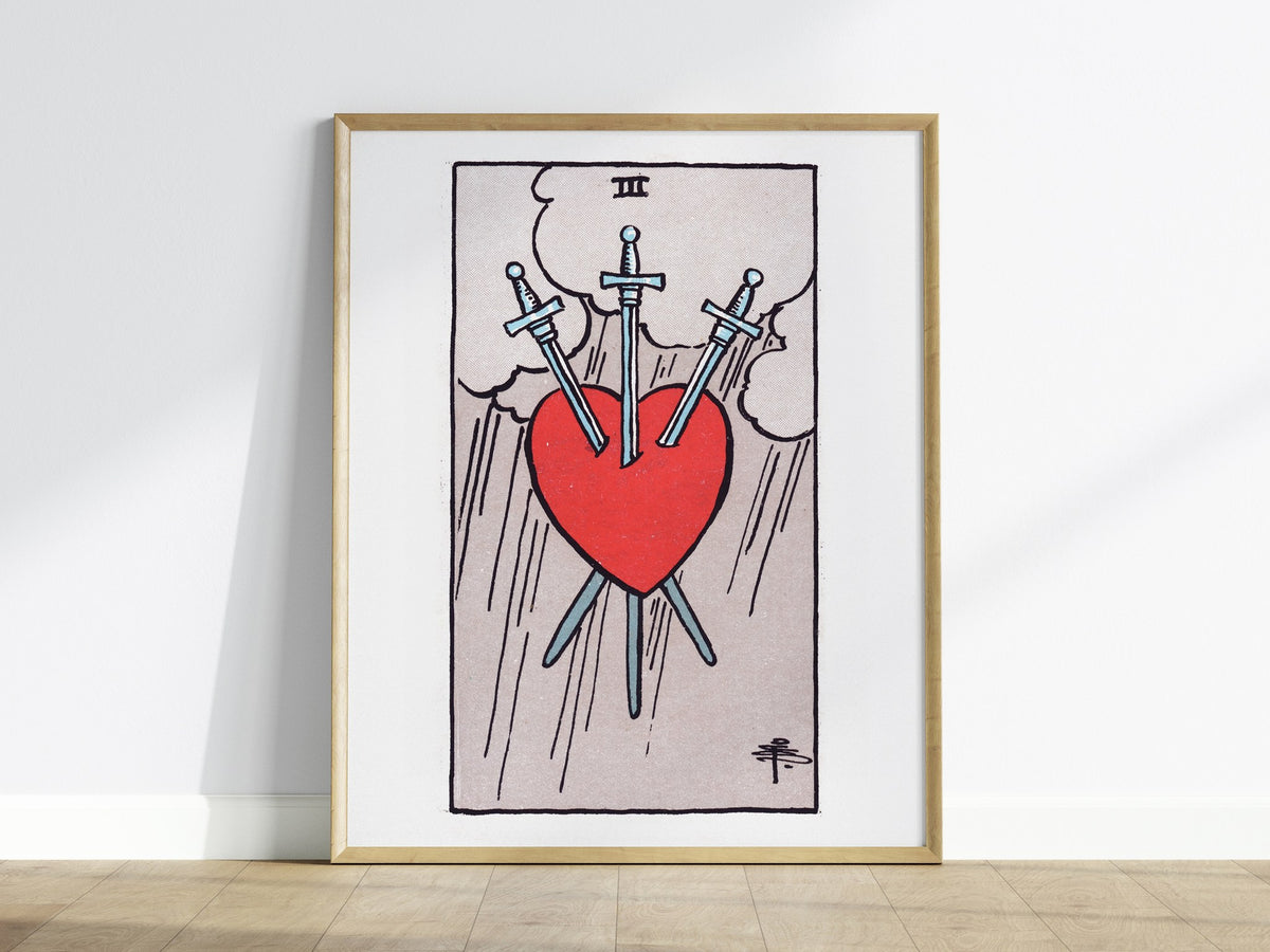 Three of Swords Poster | Tarot Art Print — framed print on the wall