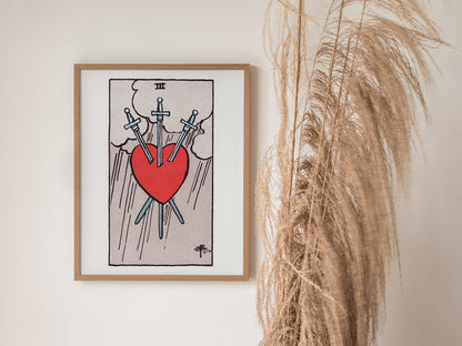 Three of Swords Poster | Tarot Art Print — styled in an interior