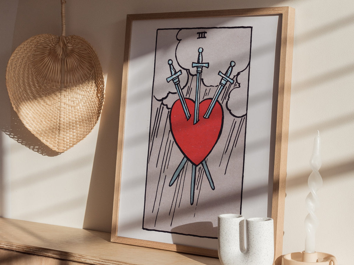 Three of Swords Poster | Tarot Art Print — styled in an interior