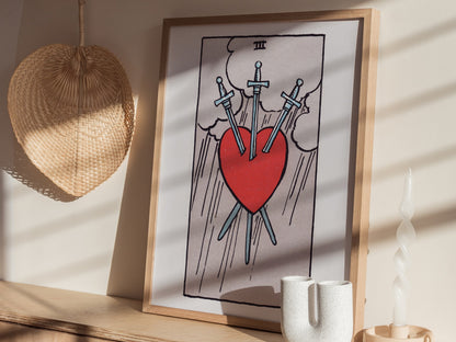 Three of Swords Poster | Tarot Art Print — styled in an interior