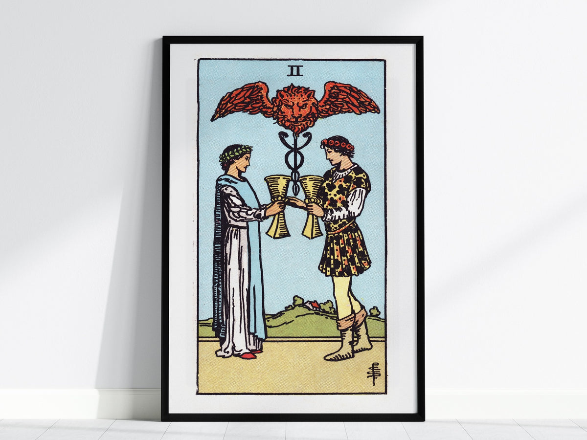 Two of Cups Poster | Tarot Art Print — framed print on the wall, 24x36 in