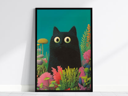 Black Cat in Garden Poster | Animals Art Print — framed print on the wall, 24x36 in