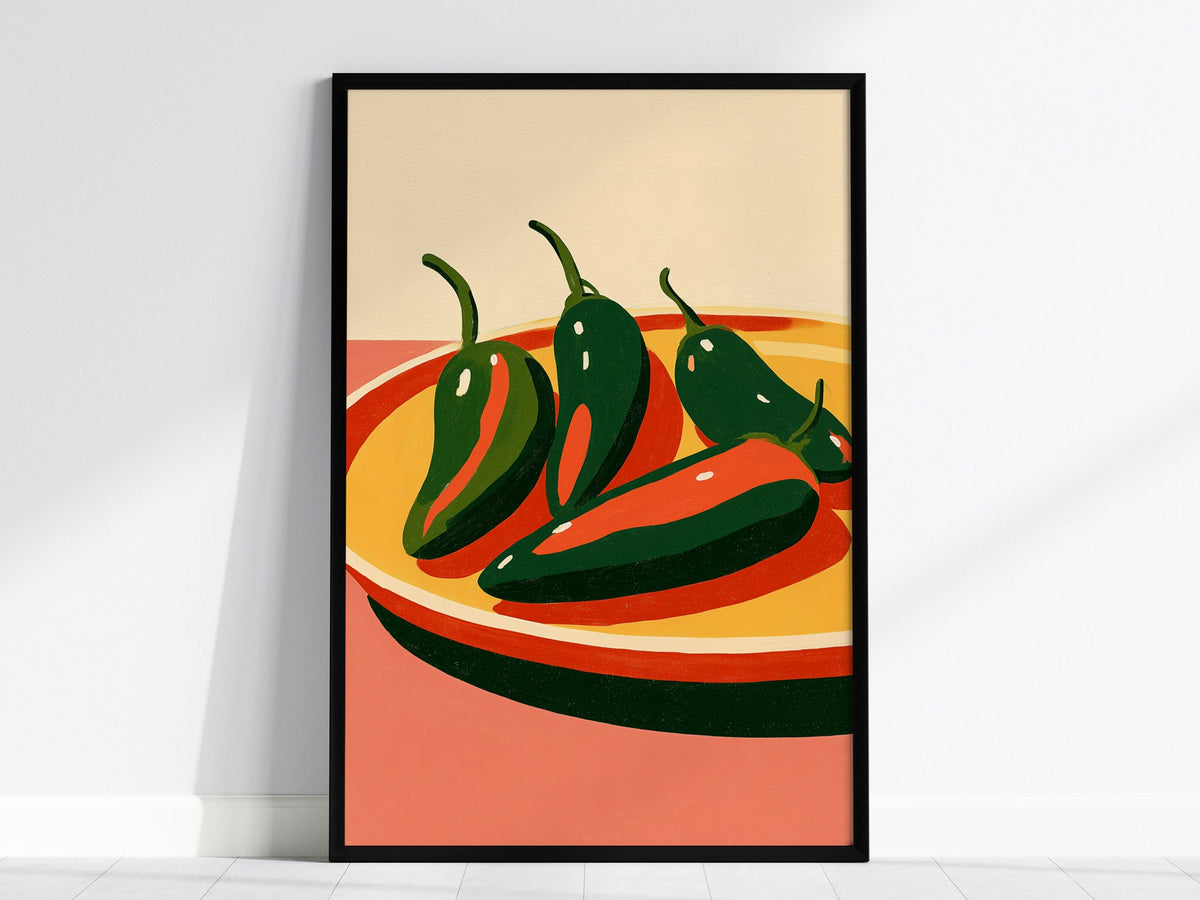 peppers-on-yellow-plate Poster | Yellow and Red Illustrative Art Print | Kitchen Wall Art — framed print on the wall, 24x36 i