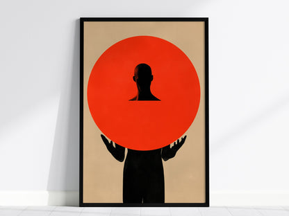 Figure Holding Geometry Poster | Coral and Black Minimalism Art Print | Minimalist Wall Art — framed print on the wall, 24x36