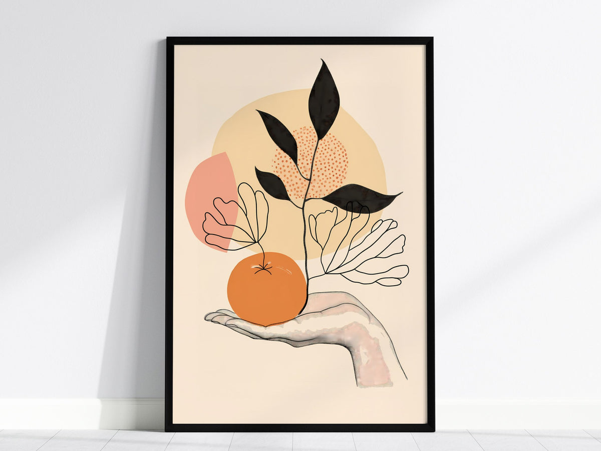 Hand Holds Peach Poster | Peach and Coral Minimalism Art Print | Minimalist Kitchen Wall Art — framed print on the wall, 24x3