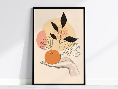 Hand Holds Peach Poster | Peach and Coral Minimalism Art Print | Minimalist Kitchen Wall Art — framed print on the wall, 24x3