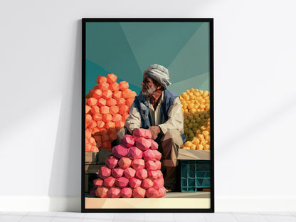 Fruit Seller Waits Poster | Navy and Hot Low Poly Art Print | Kitchen Wall Art — framed print on the wall, 24x36 in