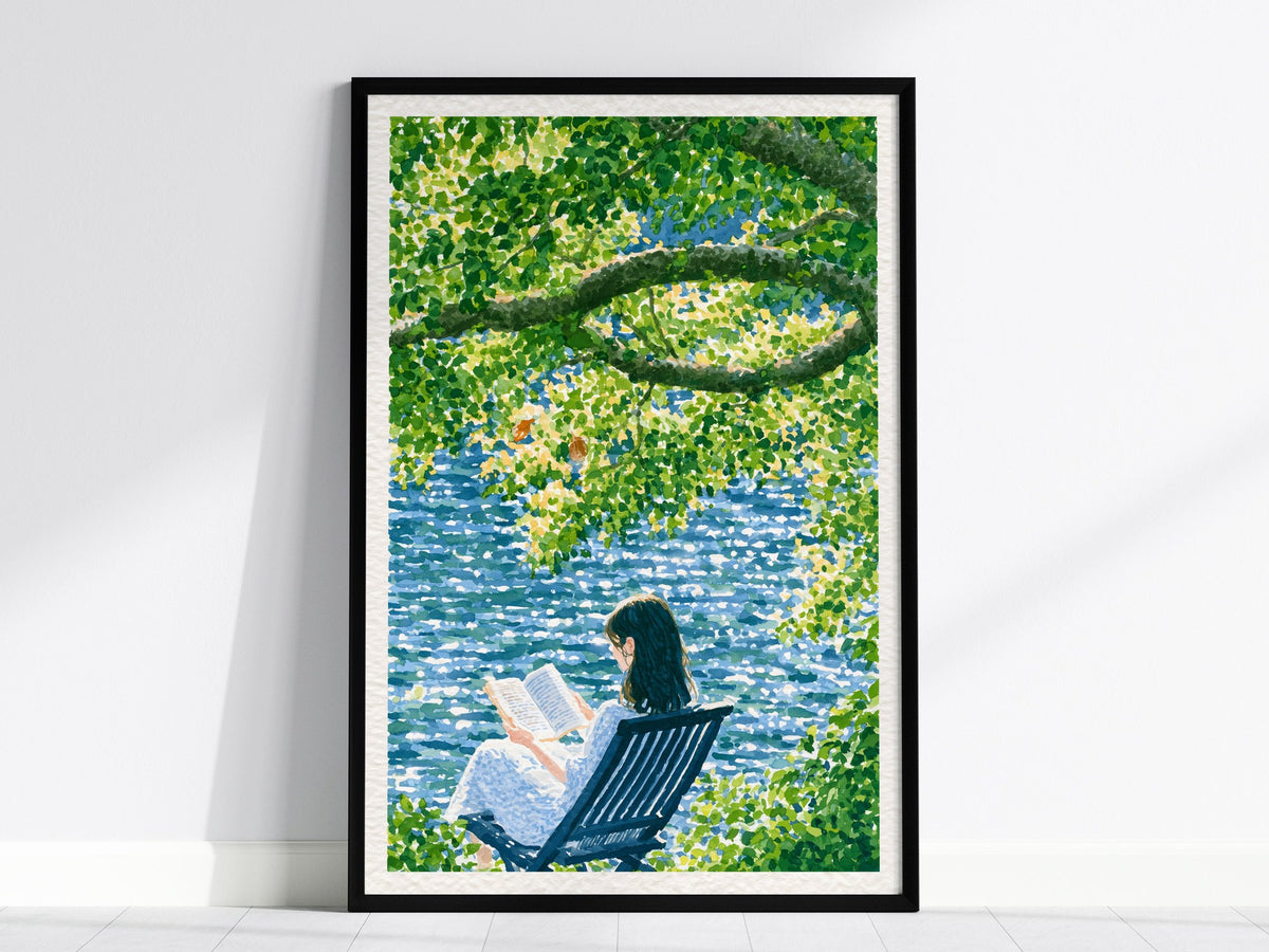 Reader by Water Poster | Blue and Yellow-Green Japanese Watercolor Art Print | Contemplative Readers Wall Art — framed print