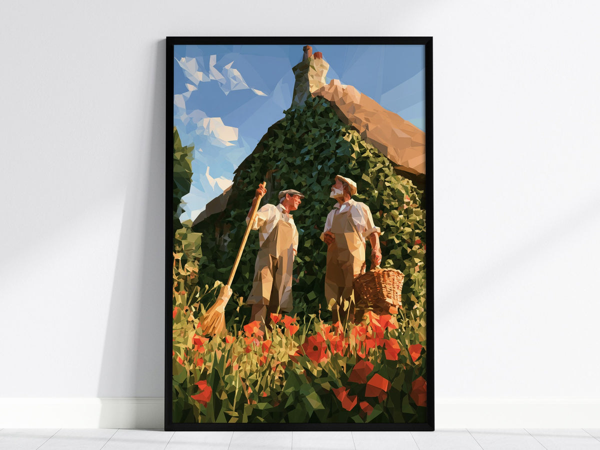 Gardeners Compare Notes Poster | Cream and Poppy Low Poly Art Print | Cottagecore Wall Art — framed print on the wall, 24x36