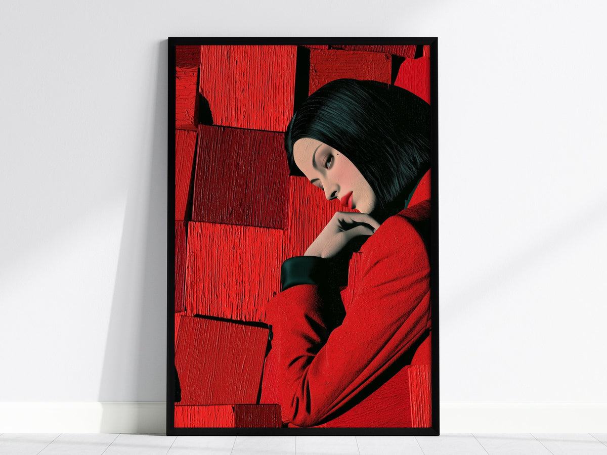 Woman Thinks Red Poster | Red and Black Illustrative Art Print | Contemporary Fashion Wall Art — framed print on the wall, 24
