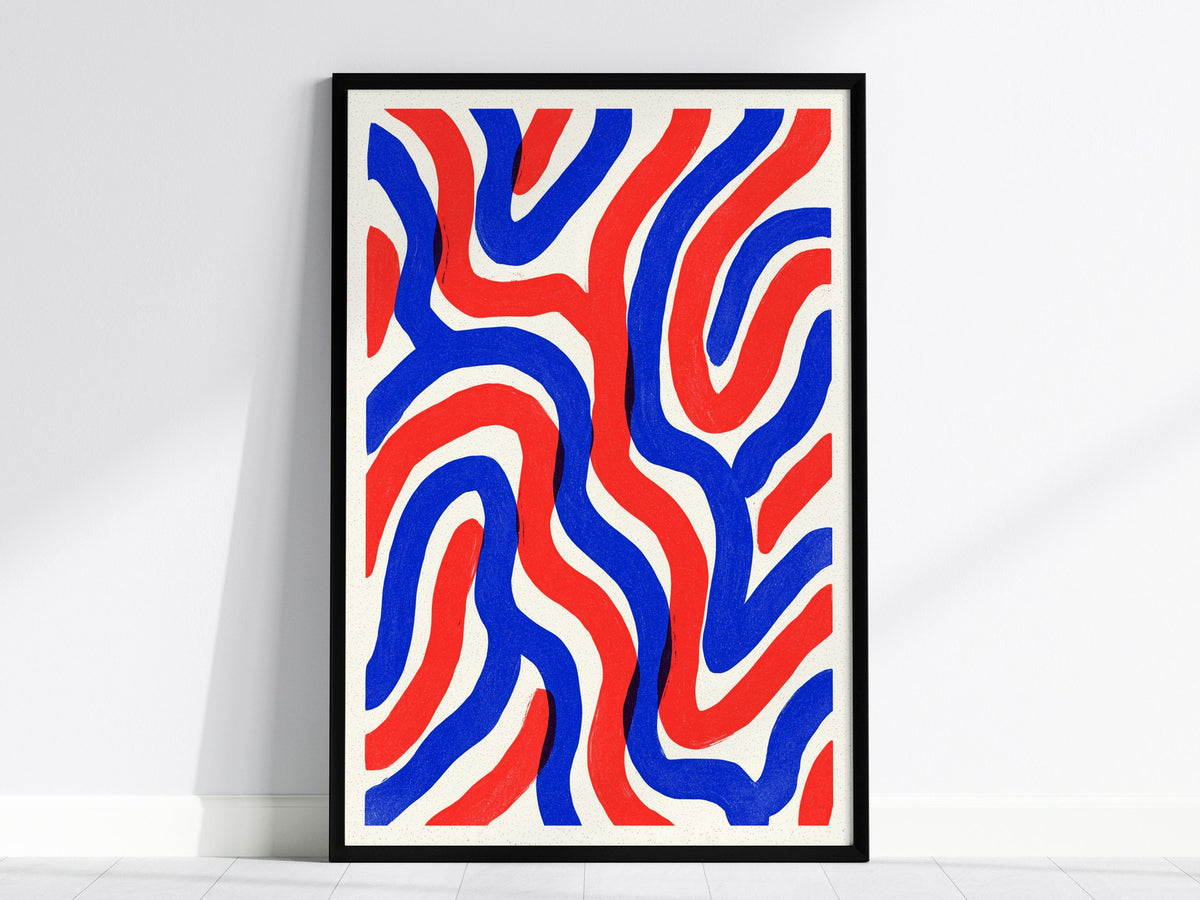 Woven Currents Poster | Coral and Cobalt Abstract Art Print | Modern Coastal Wall Art — framed print on the wall, 24x36 in