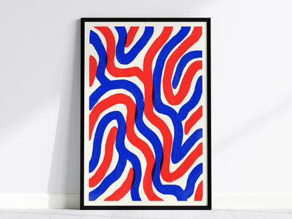 Woven Currents Poster | Coral and Cobalt Abstract Art Print | Modern Coastal Wall Art — framed print on the wall, 24x36 in