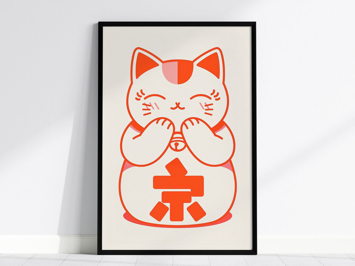 Maneki-neko Cat Poster | Wildlife Art Print — framed print on the wall, 24x36 in