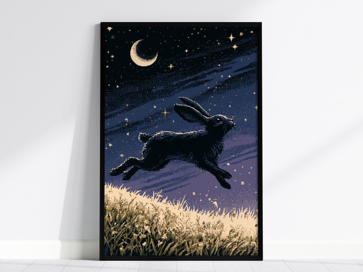 Hare Carries Night Poster | Indigo and Gold Pixel Art Print | Retro Gaming Wall Art — framed print on the wall, 24x36 in