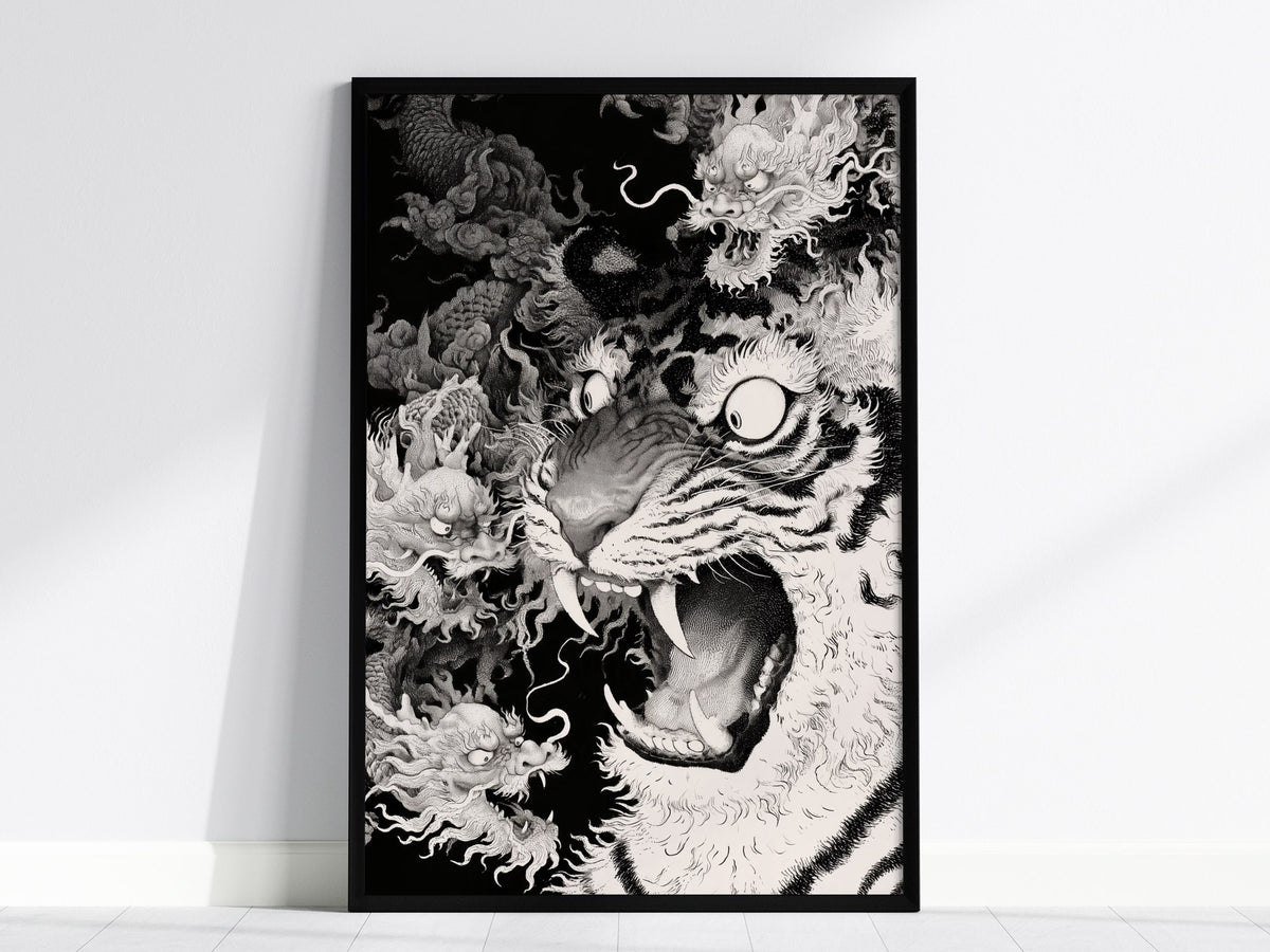 Tiger Plays Dragons Poster | Cream and Black Pen and Ink Art Print | Dark Fantasy Wall Art — framed print on the wall, 24x36