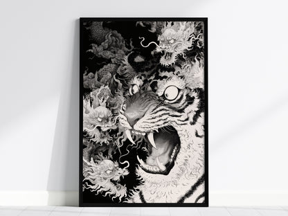 Tiger Plays Dragons Poster | Cream and Black Pen and Ink Art Print | Dark Fantasy Wall Art — framed print on the wall, 24x36