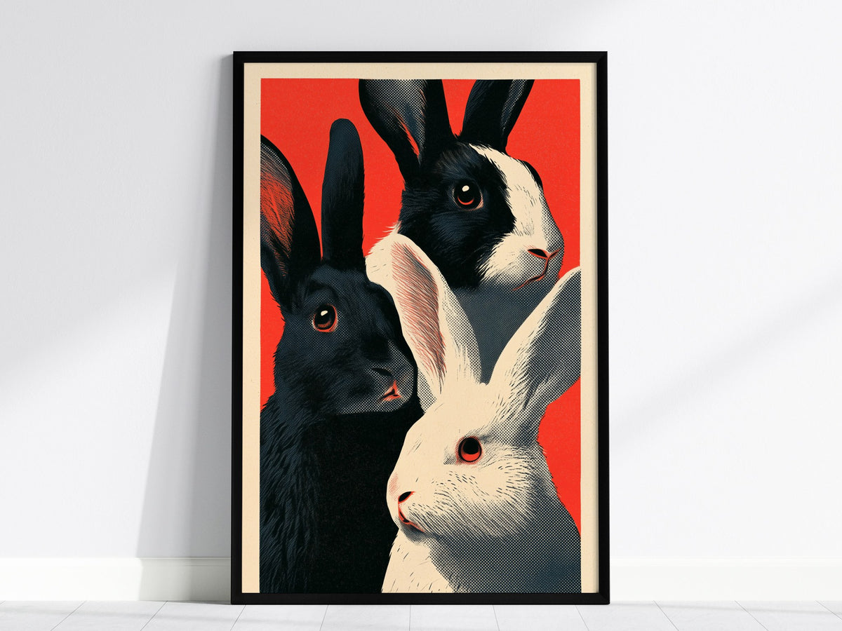 Tuxedo Rabbits Yellow Poster | Mustard and Black Screen Print Art Print | Animal Advocacy Wall Art — framed print on the wall
