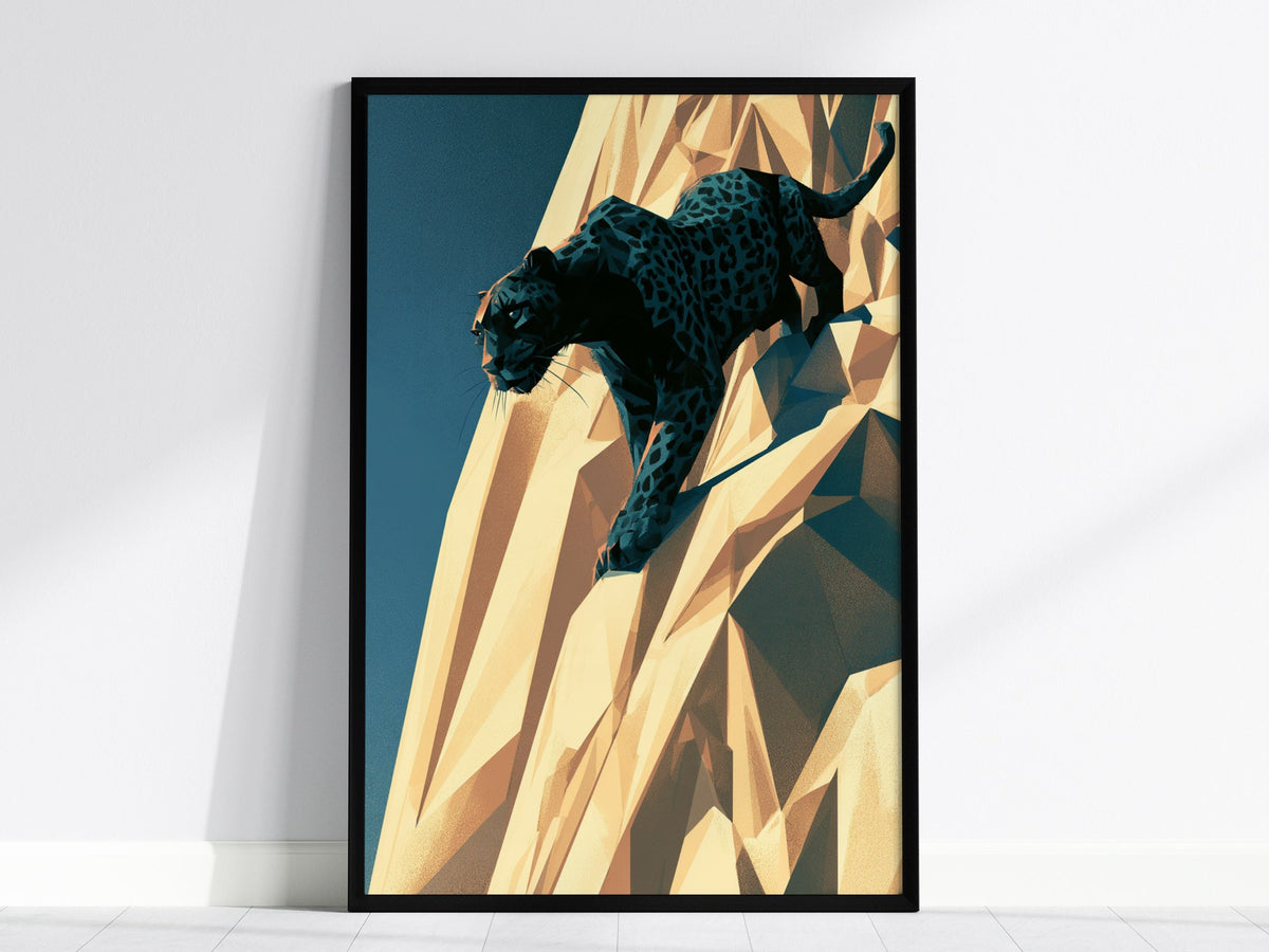Panther Climbs Noon Poster | Teal and Black Low Poly Art Print | Dark Fantasy Wall Art — framed print on the wall, 24x36 in