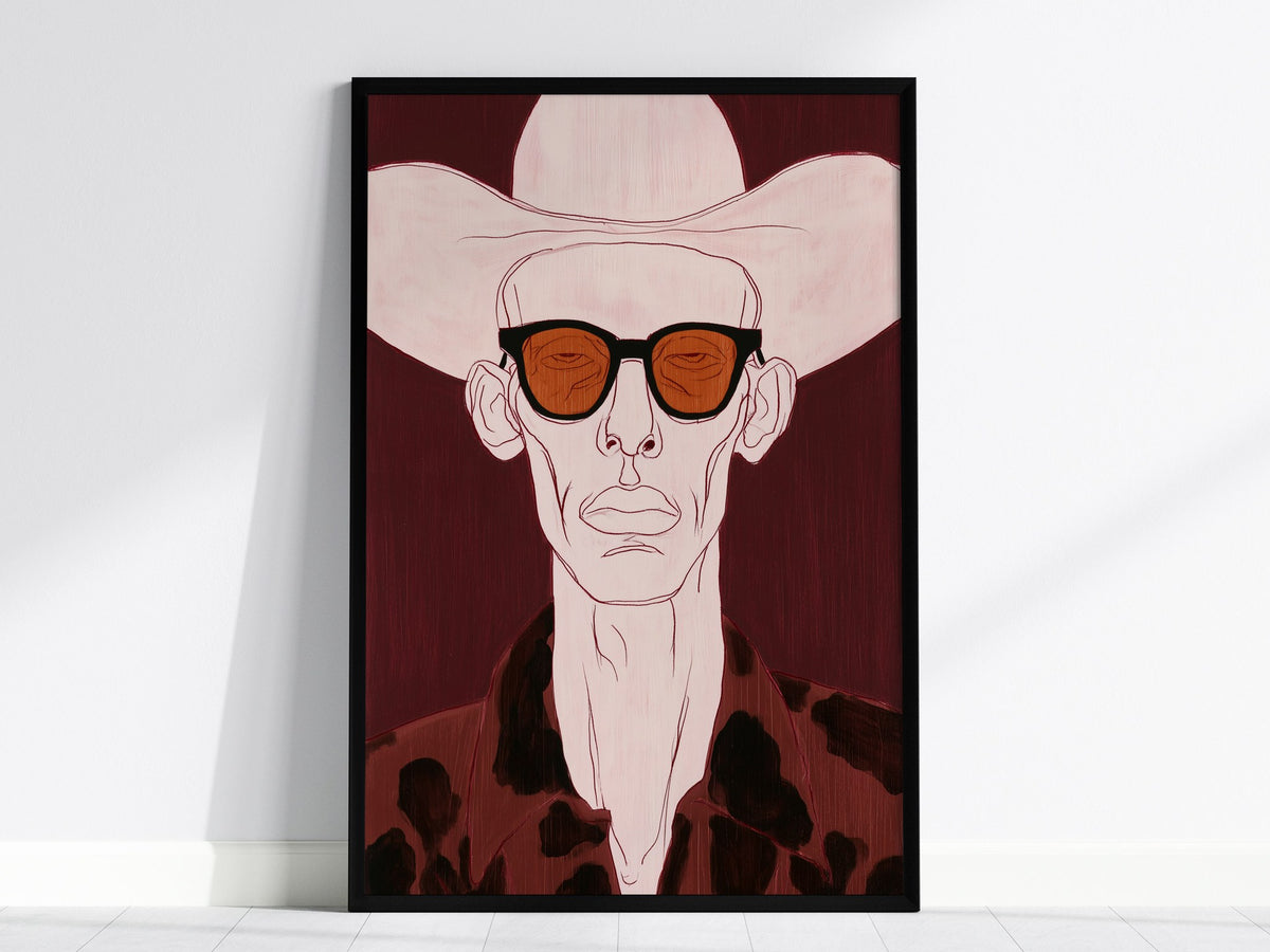 Cowboy Behind Shades Poster | Burgundy Red Illustrative Art Print | Western Gothic Wall Art — framed print on the wall, 24x36