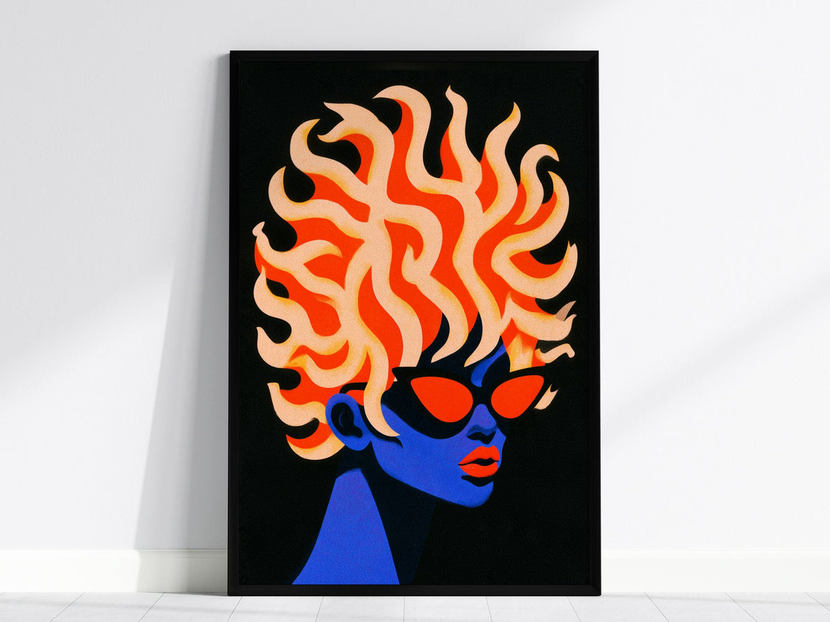 Modern Medusa Poster | Blue and Orange Illustrative Art Print — framed print on the wall, 24x36 in