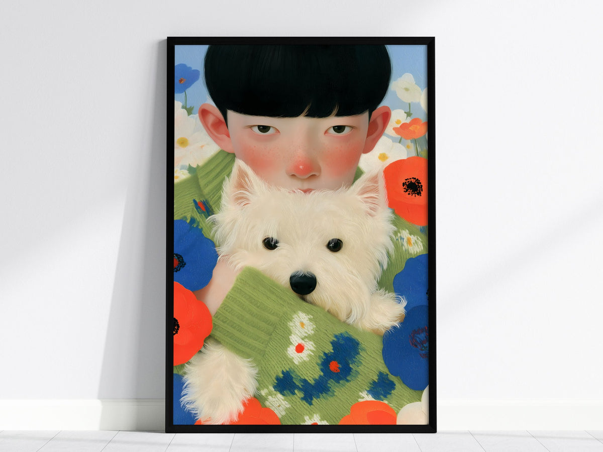 Boy With Westie Poster | Blue and Green Illustrative Art Print | Contemporary Wall Art — framed print on the wall, 24x36 in