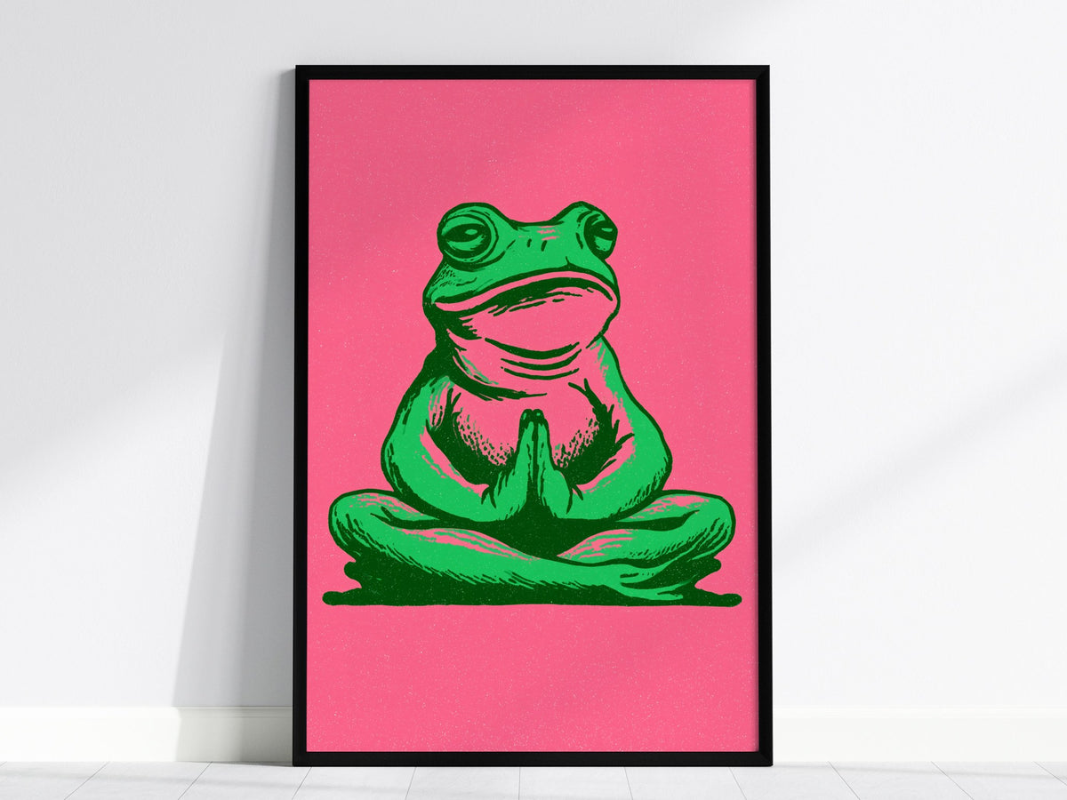 Toad Finds Peace Poster | Green and Pink Illustrative Art Print | Meditation Wall Art — framed print on the wall, 24x36 in