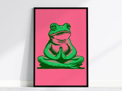 Toad Finds Peace Poster | Green and Pink Illustrative Art Print | Meditation Wall Art — framed print on the wall, 24x36 in