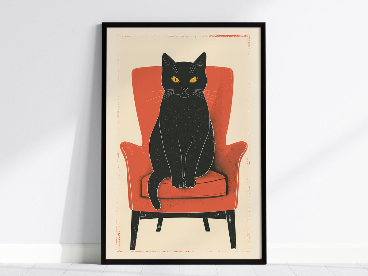 Black Cat in Red Chair Poster | Coral and Black Flat Design Art Print | Cat Lover Wall Art — framed print on the wall, 24x36