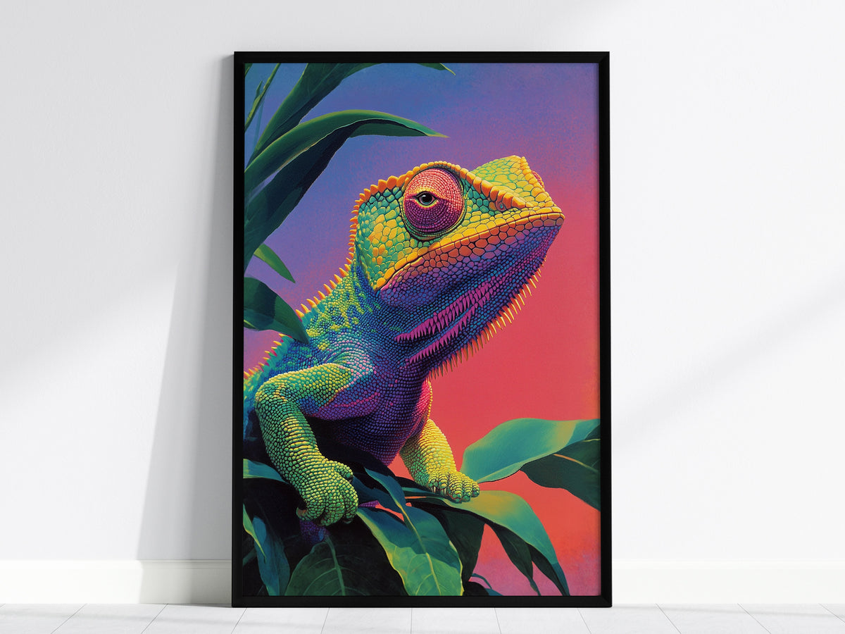 Psychadelic Chameleon Poster | Animals Art Print — framed print on the wall, 24x36 in