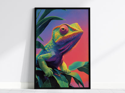 Psychadelic Chameleon Poster | Animals Art Print — framed print on the wall, 24x36 in