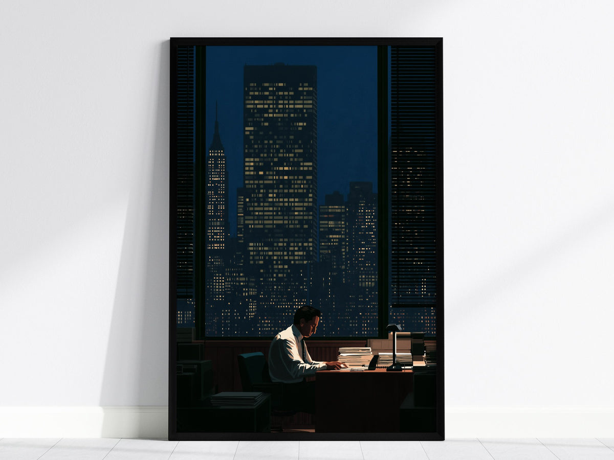 Salesman Works Late Poster | Deep Blue Illustrative Art Print | Office Wall Art — framed print on the wall, 24x36 in