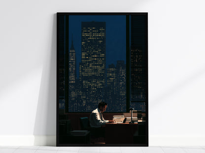 Salesman Works Late Poster | Deep Blue Illustrative Art Print | Office Wall Art — framed print on the wall, 24x36 in