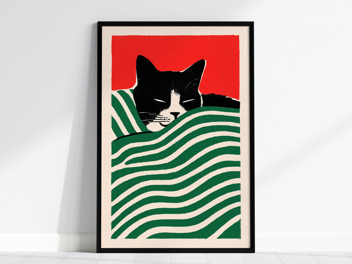 Cat Under Striped Blanket Poster | Green and Red Screen Print Art Print | Cat Lover Wall Art — framed print on the wall, 24x3