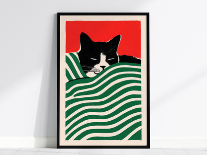 Cat Under Striped Blanket Poster | Green and Red Screen Print Art Print | Cat Lover Wall Art — framed print on the wall, 24x3
