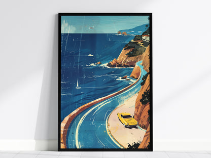 Coastal Drive Poster | Cobalt and Coral Watercolor Art Print | Coastal Wall Art — framed print on the wall, 24x36 in