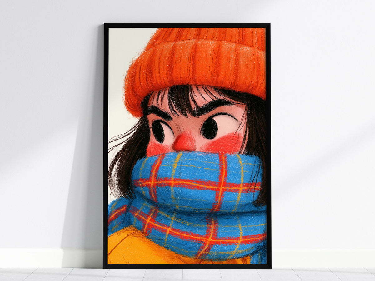 Girl Bundles Up Poster | Orange and Blue Illustrative Art Print | Kids Room Wall Art — framed print on the wall, 24x36 in