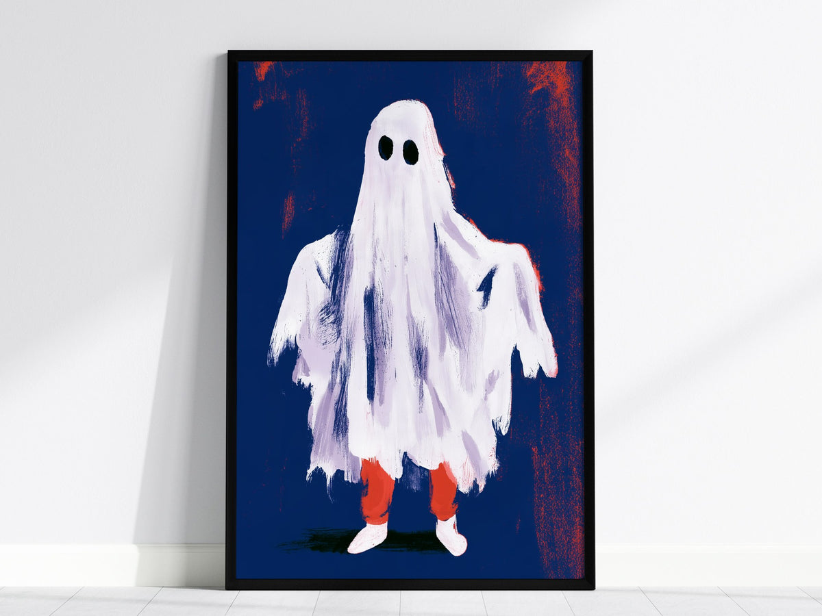 Ghost Stands Still Poster | Navy and Coral Illustrative Art Print | Kids Room Wall Art — framed print on the wall, 24x36 in