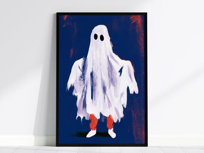 Ghost Stands Still Poster | Navy and Coral Illustrative Art Print | Kids Room Wall Art — framed print on the wall, 24x36 in