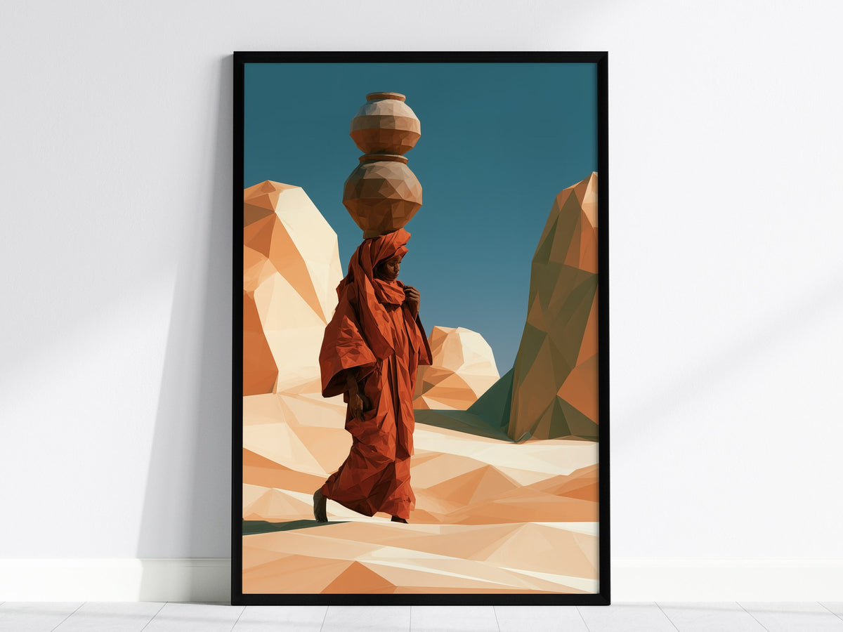 Merchant Carries Jars Poster | Ochre and Teal Low Poly Art Print | Minimalist Wall Art — framed print on the wall, 24x36 in