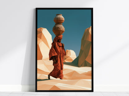Merchant Carries Jars Poster | Ochre and Teal Low Poly Art Print | Minimalist Wall Art — framed print on the wall, 24x36 in