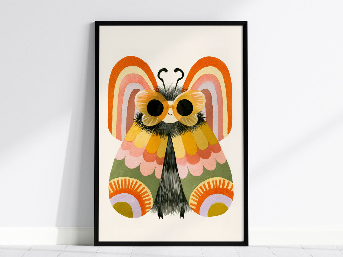 Moth Owns Rainbows Poster | Orange and Pink Illustrative Art Print | Kids Room Wall Art — framed print on the wall, 24x36 in