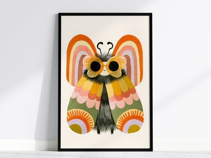 Moth Owns Rainbows Poster | Orange and Pink Illustrative Art Print | Kids Room Wall Art — framed print on the wall, 24x36 in