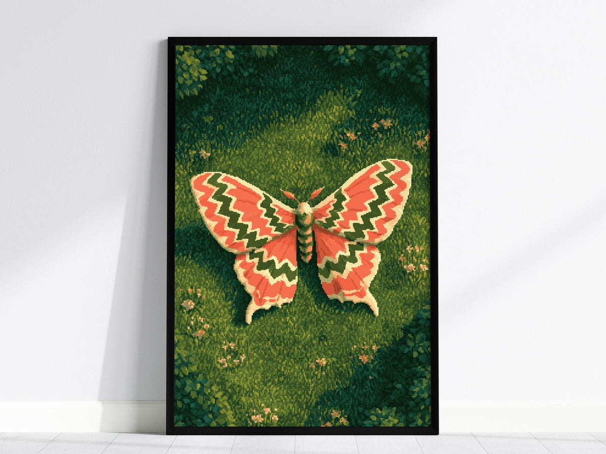 Moth Owns Chevron Poster | Coral and Olive Pixel Art Print | Retro Gaming Wall Art — framed print on the wall, 24x36 in