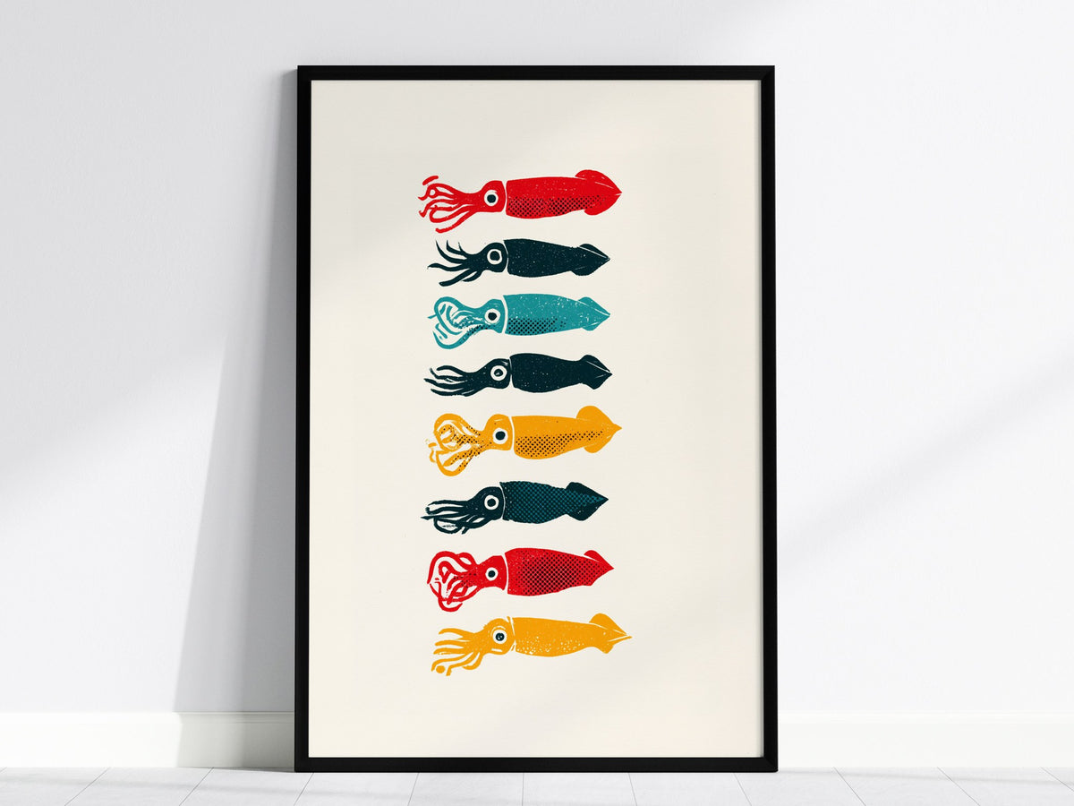 Five Squid Stack Poster | Multicolor Screen Print Art Print | Kitchen Wall Art — framed print on the wall, 24x36 in