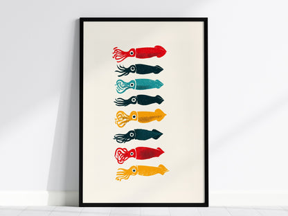 Five Squid Stack Poster | Multicolor Screen Print Art Print | Kitchen Wall Art — framed print on the wall, 24x36 in
