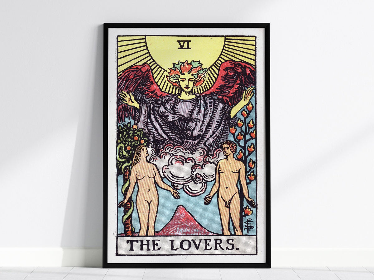 The Lovers Poster | Tarot Art Print — framed print on the wall, 24x36 in